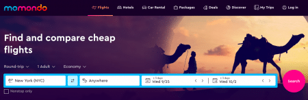 Image shows the momondo cheap flight search bar with 