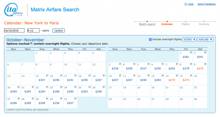 Image shows results of a month long search for flights New York to Paris on Matrix ITA