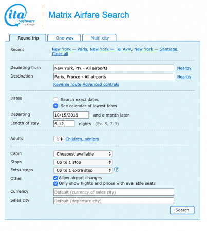 image shows Matrix ITA flight search interface, with New York to Paris flights entered.